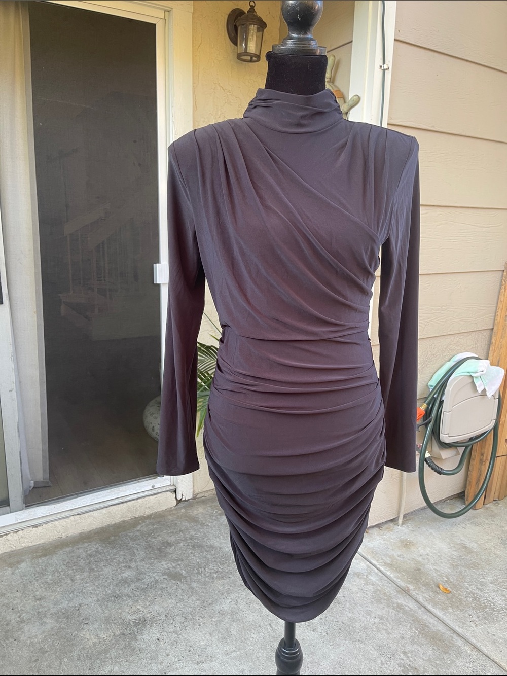 Express Black Long-Sleeve Ruched Mock Neck Dress